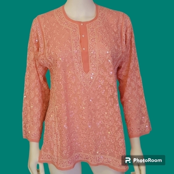 VTG Fairycore Pink Heavily Embroidered Sequin Chiffon Tunic - Picture 1 of 6